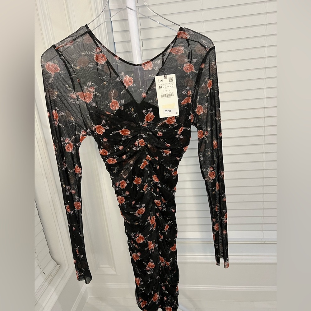 Zara floral dress tule black and red